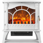 White freestanding electric fireplace stove with 3-sided glass and flame effect
