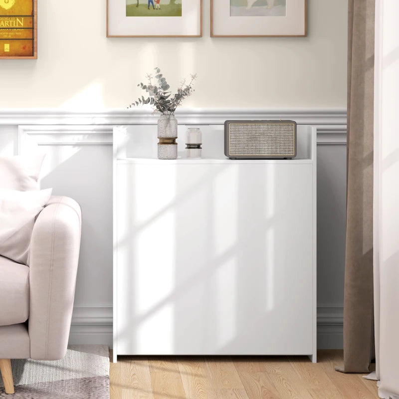 White folding dining table with built-in shelving and cabinet-style base, interior corner view