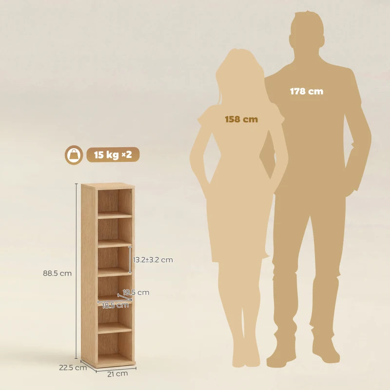 Tall natural wood media shelf tower with two narrow columns of open cubbies