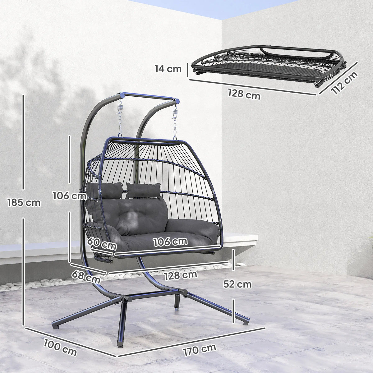 Outsunny Rattan Double Hanging Egg Chair with Stand, Foldable Wicker Swing Egg Chair with Cushion, Head Pillows, Steel