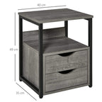 Grey nightstand with two drawers and open shelf, black metal legs