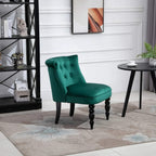 Dark green velvet-feel wingback accent chair with tufted back and turned wooden legs