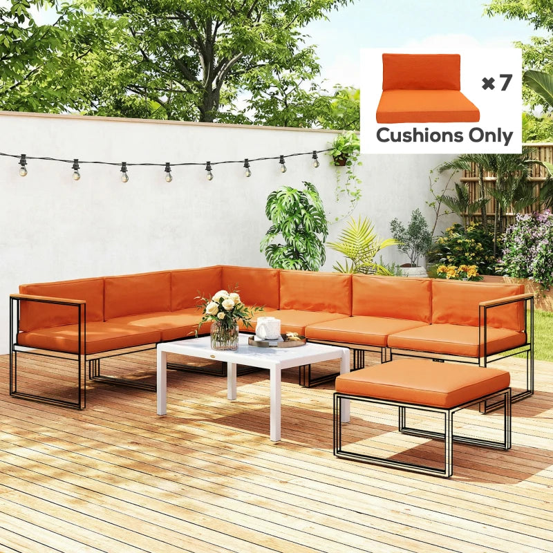 Orange outdoor dining sectional cushions set with seat and back pads