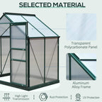Transparent polycarbonate greenhouse with dark green aluminum frame and UV protection