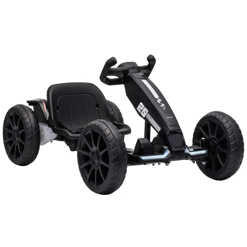 Black kids electric go kart with adjustable seat and four EVA wheels, side view