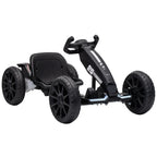 Black kids electric go kart with adjustable seat and four EVA wheels, side view