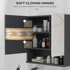 Bathroom mirror cabinet with soft-closing hinges and open door showing stored bottles