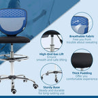 Swivel drafting chair with dark blue mesh back, black padded seat, gas lift and stable base