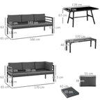 Grey L-shaped outdoor dining sofa set with table and bench, layout shown with measurements