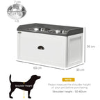 White raised pet feeding station with two stainless steel bowls and size diagram