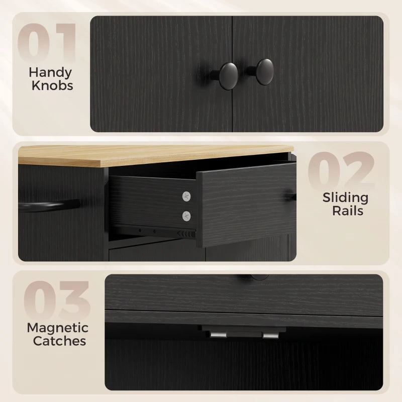 Black kitchen cart details: knob handle, sliding rails, and magnetic catch