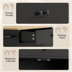 Black kitchen cart details: knob handle, sliding rails, and magnetic catch
