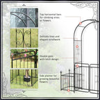 Black metal arbor arch with double doors, scrollwork details and side planter section shown
