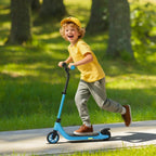 Blue foldable kids electric scooter with front wheel, black grips, and anti-slip deck
