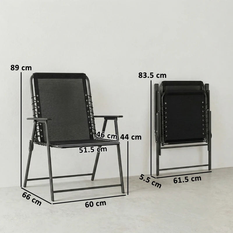 Black folding outdoor dining chair set of 2 with high back and armrests, size diagram