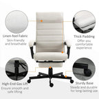 Cream white upholstered office chair with thick padding, sturdy base, rolling caster wheels.