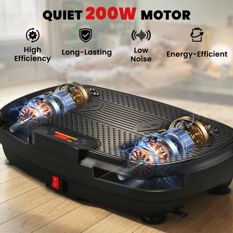 Black vibration platform exercise machine with illuminated display and exposed motors