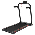 Foldable electric treadmill with black deck, red trim, and curved safety handles