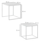 White square nesting tables with open steel frames, shown in different sizes