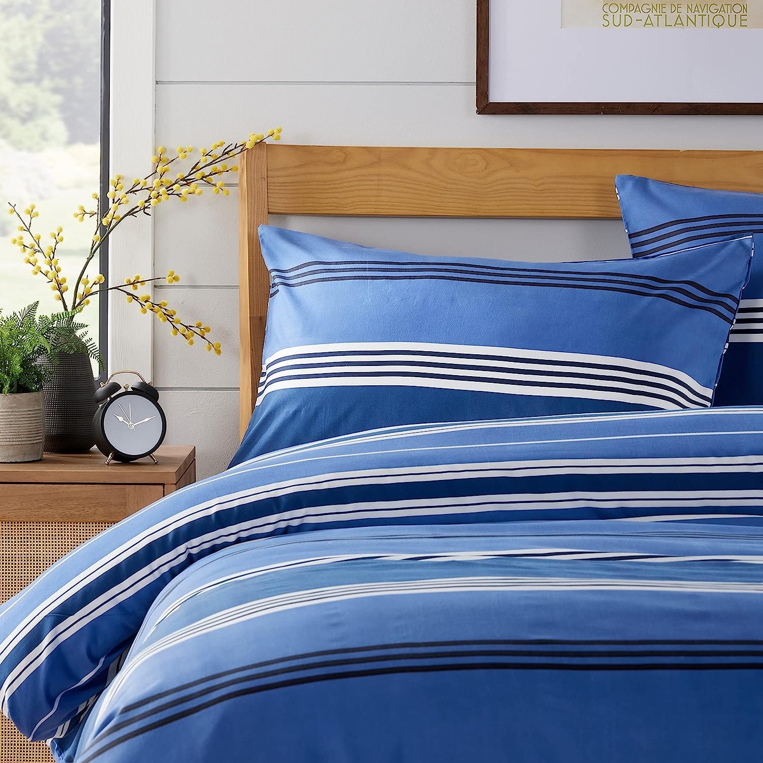 Harlow Stripes Blue Duvet Cover Set with Pillowcases Breathable Polyester Button Closure Bedding Available in Single Double and King Sizes