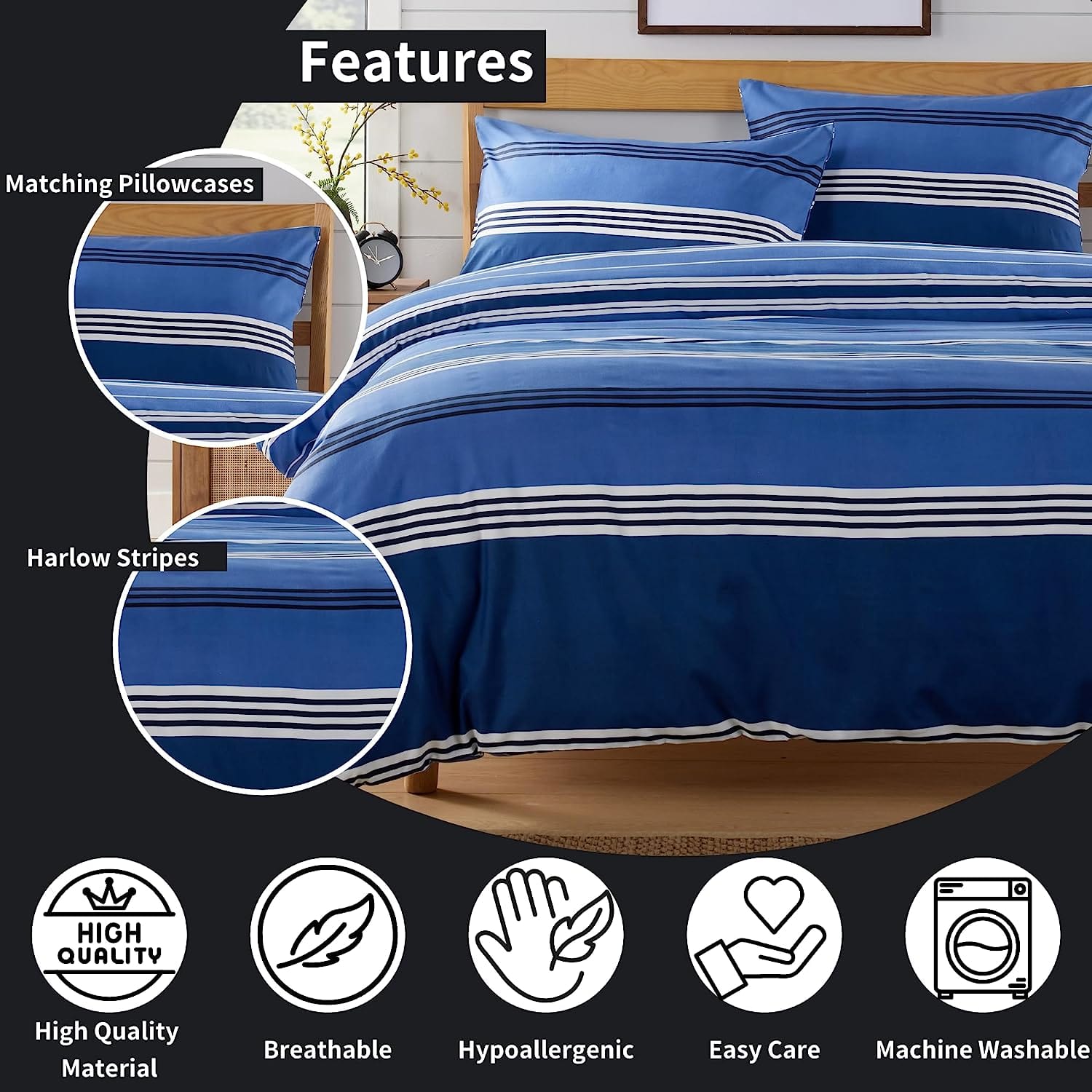 Harlow Stripes Blue Duvet Cover Set with Pillowcases Breathable Polyester Button Closure Bedding Available in Single Double and King Sizes