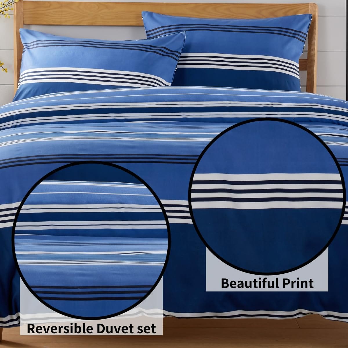 Harlow Stripes Blue Duvet Cover Set with Pillowcases Breathable Polyester Button Closure Bedding Available in Single Double and King Sizes