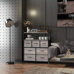 Grey and dark steel fabric drawer cabinet with seven drawers and open top shelves