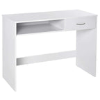 White compact desk with open storage shelf and front drawer.