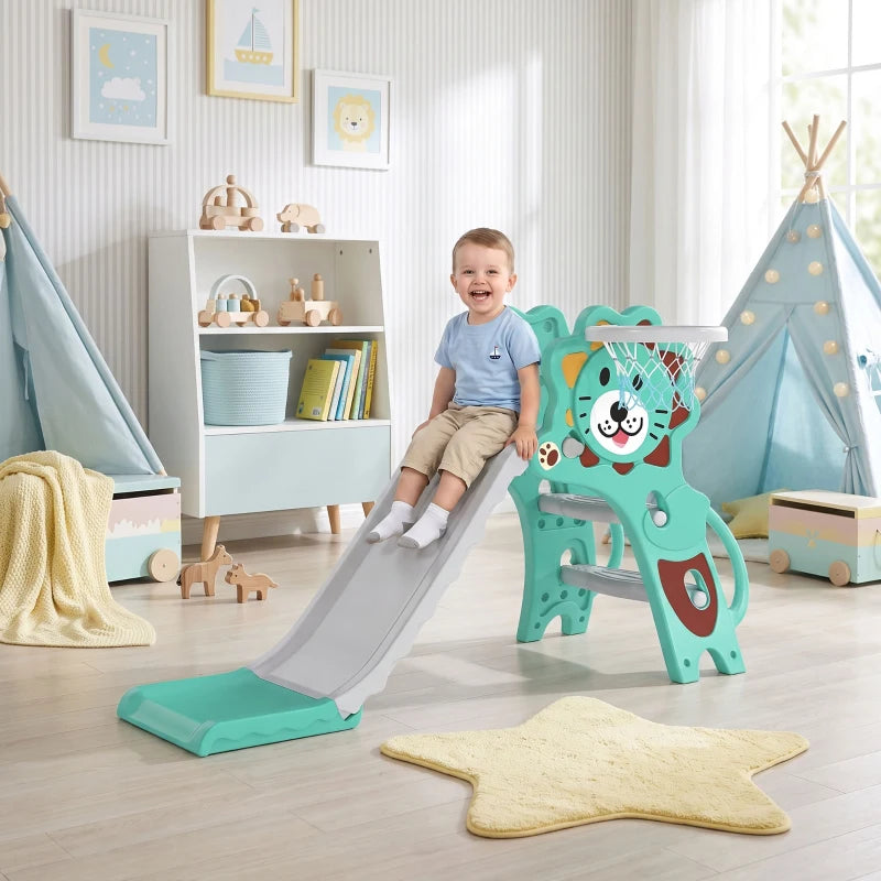 Lion basketball hoop slide for toddlers in a nursery, with child playing