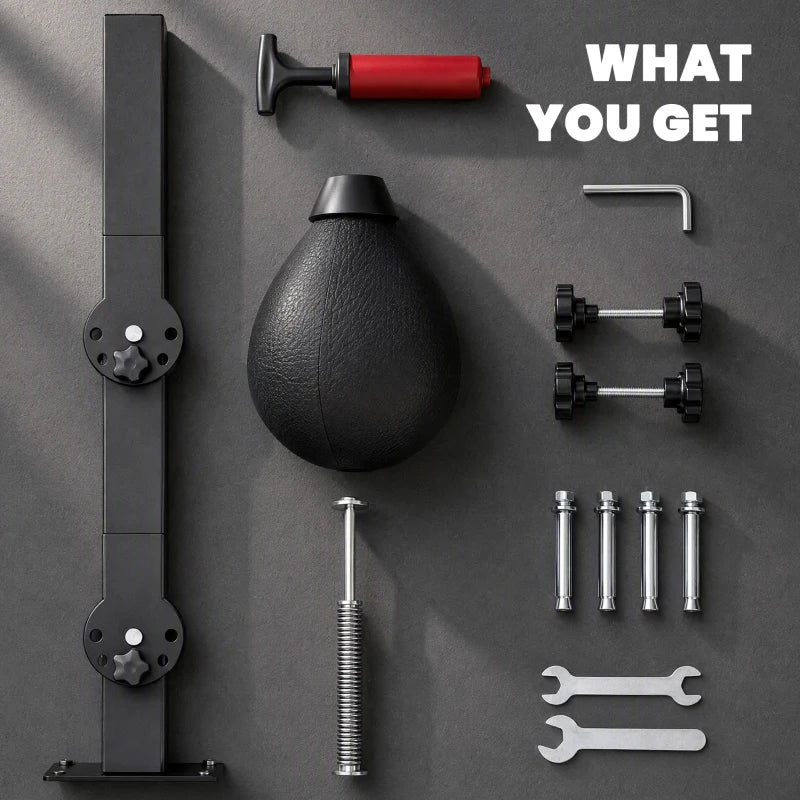 Wall-mount boxing speed bag set with black hanging bag and adjustable arm kit parts
