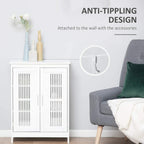 White bathroom floor cabinet with slatted doors and anti-tip wall attachment.