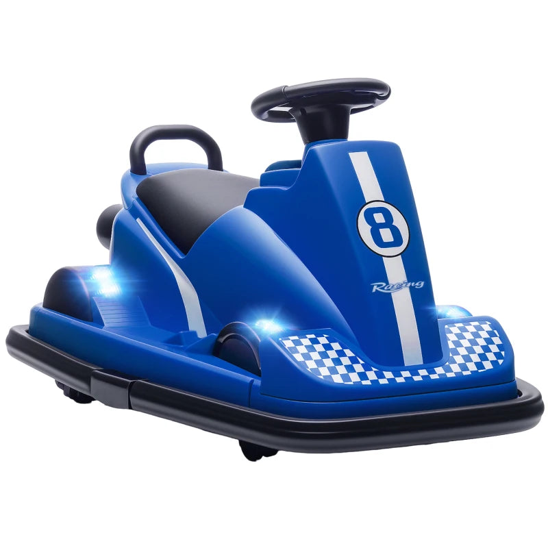 Blue kids electric bumper car with white stripe, checkered footplate, and glowing LED lights