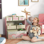 Pink kids storage shelf with six fabric bins for toys, styled in a bedroom play area