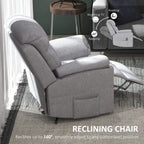 Grey reclining lift chair with extended footrest and thick padded seat back