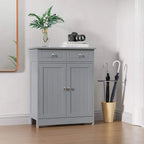 Grey freestanding bathroom cabinet with two drawers and double doors, metal handles