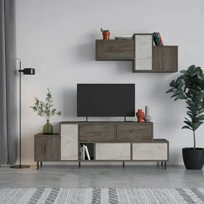Modern TV stand with dark wood finish, marble-look door panels, and open shelves