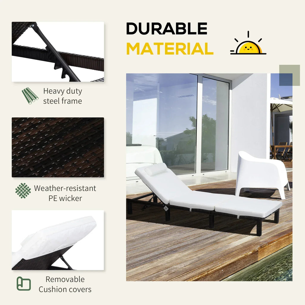 Rattan Sun Lounger, 5-Level Adjustable Garden Lounger Recliner with Cushion and Headrest, Outdoor Reclining Sunbed, Steel Frame Garden Chair for Patio, Beach, Terrace, Cream White - Bobobiy