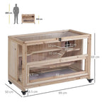Natural wood 3-tier hamster cage with wire side panels, front ramp, and rolling casters