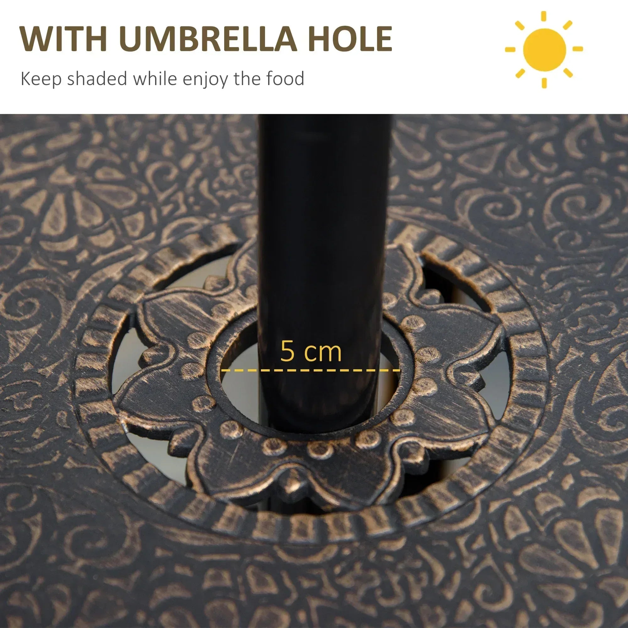 4 Seater Outdoor Dining Set Antique Cast Aluminium Garden Furniture Set with Cushions Round Dining Table with Parasol Hole, Bronze - Bobobiy