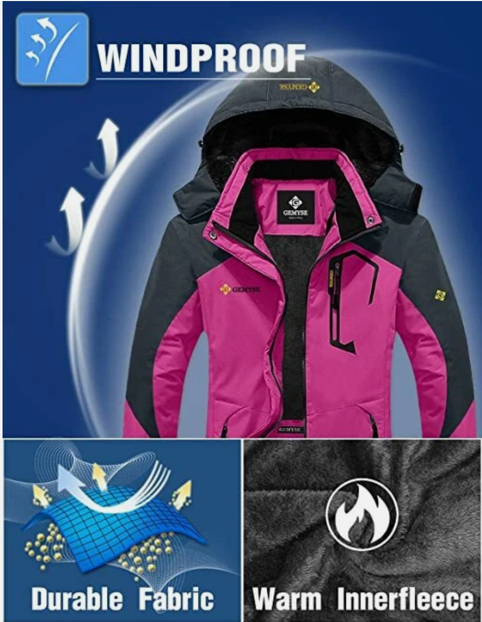 Womens Ski Jacket Waterproof Winter Fleece Lining Coat, Pink Size L GEMYSE