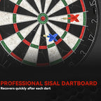 Close-up of bristle dartboard bullseye with red and green scoring rings