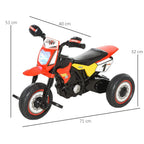 Red and black ride-on tricycle with yellow number plate '1' and front headlight