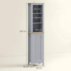 Grey tall slim cabinet with 3 open shelves on top and a louvered cupboard door.