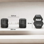 Pair of black hex rubber dumbbells with 6 kg weights and size measurement labels