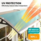 Front door canopy with tinted mesh panels and black curved frame supports