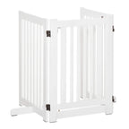 White freestanding pet gate with open hinged door and vertical slats