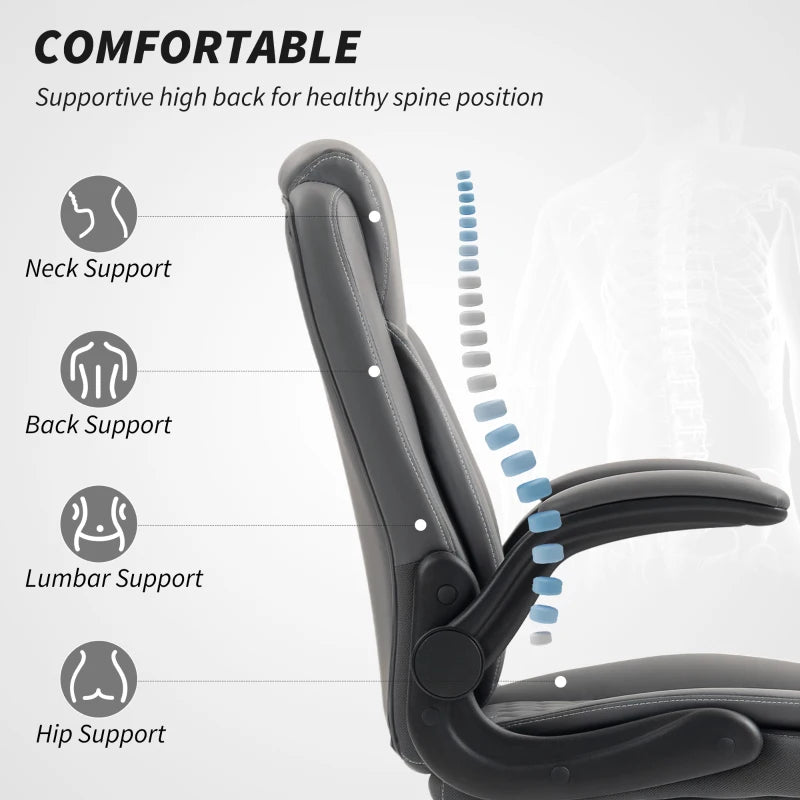Charcoal grey high-back office chair with padded headrest and contoured backrest