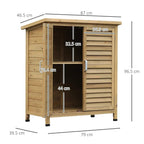 Wooden storage shed front view with double shutter doors and side height markings