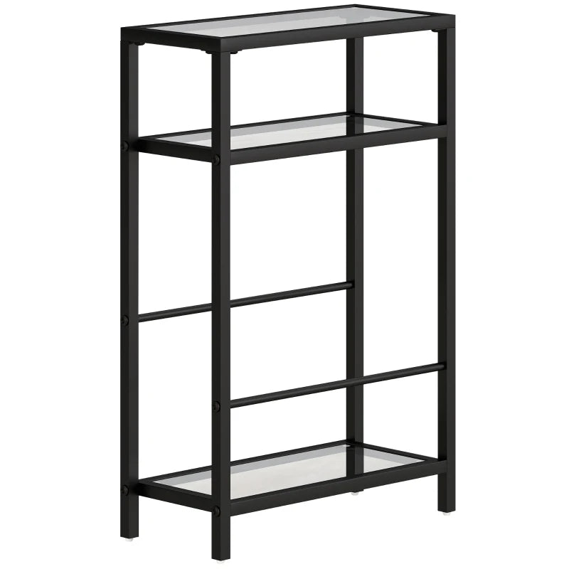Black narrow 3-tier side table with tempered glass top and open storage shelves.