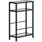 Black narrow 3-tier side table with tempered glass top and open storage shelves.